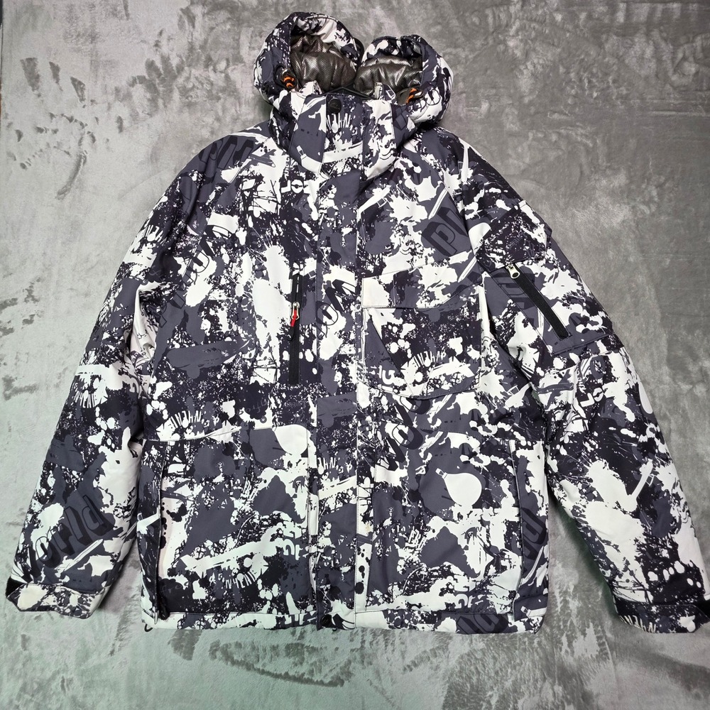 Bimodal Mens XL Ski Jacket Black White Abstract‎ Graphic Hooded Winter Coat Coat